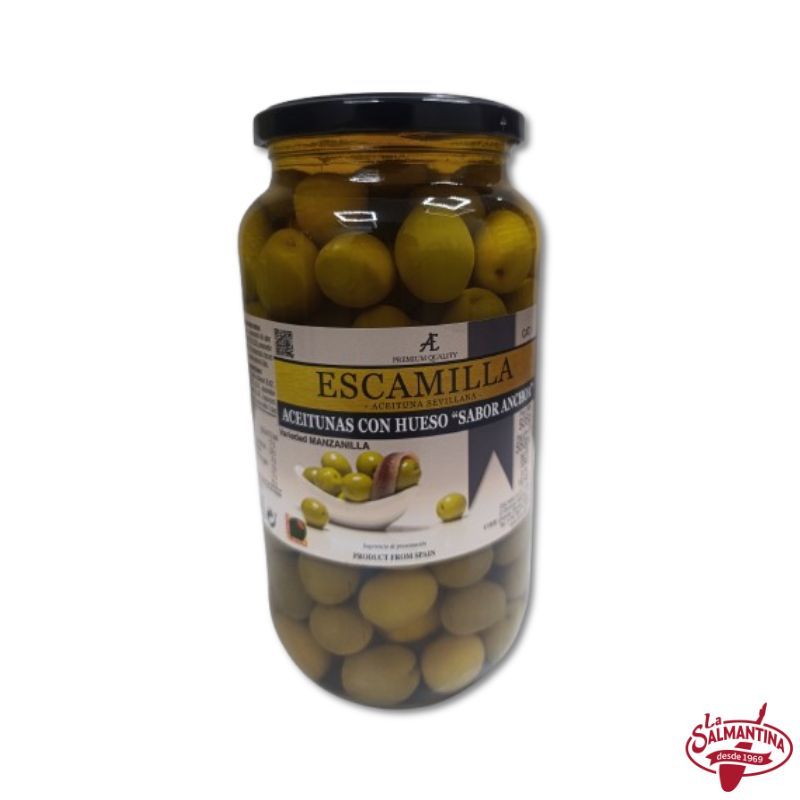 ACEITUNAS MANZANILLA CON HUESO SABOR ANCHOA "ESCAMILLA" 930 GR.