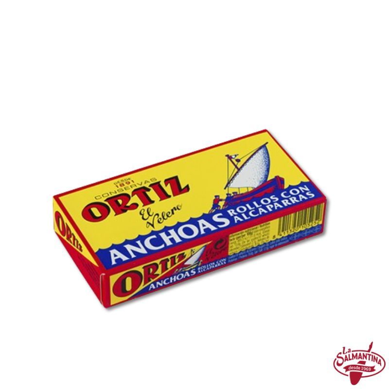 ANCHOAS EN ROLLOS CON ALCAPARRAS EN ACEITE DE OLIVA "ORTIZ" 50G.