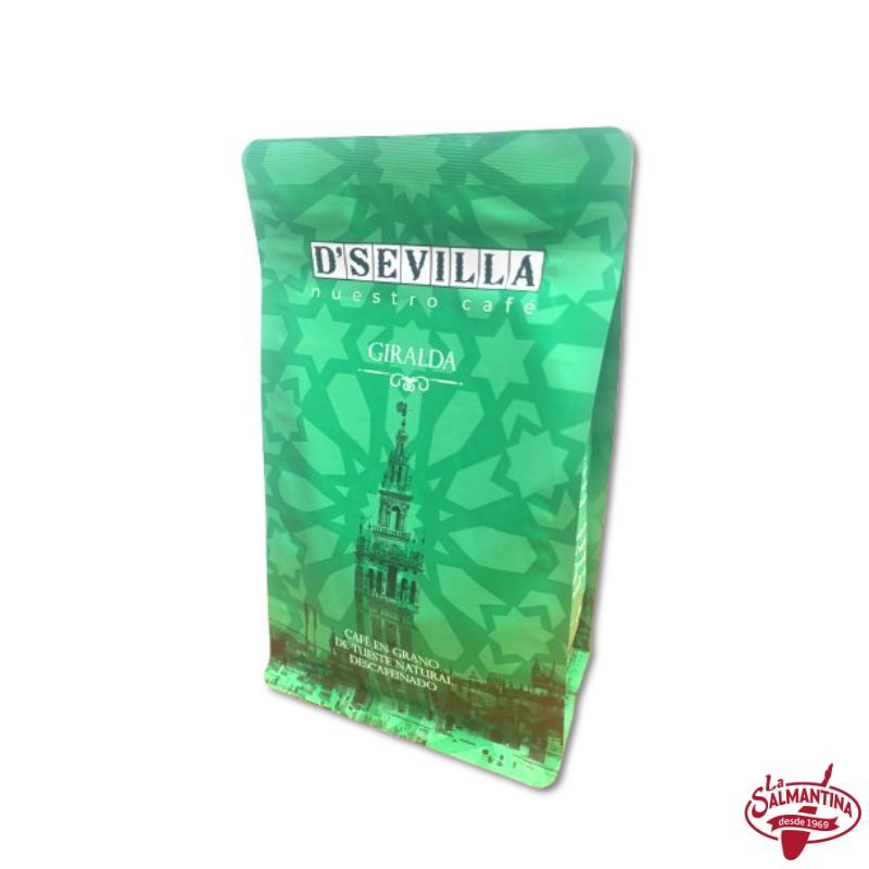 CAFÉ EN GRANO TUESTE NATURAL DESCAFEINADO GIRALDA "D´SEVILLA". 250g.