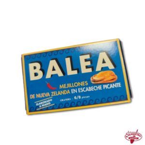 Tienda online de productos gourmet 28 MEJILLONES DE NUEVA ZELANDA EN ESCABECHE PICANTE 6/8 PIEZAS GRANDES "BALEA". 115 gr.